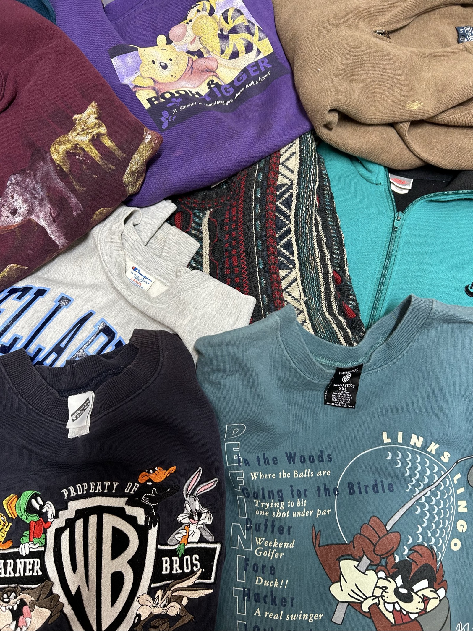 32pc Premium Vintage Sweatshirts, Hoodies, Fleeces 80s, 90s, Y2K, Disney, Looney Tunes, 3D Knit, Music, Champion Reverse Weave, Etc.